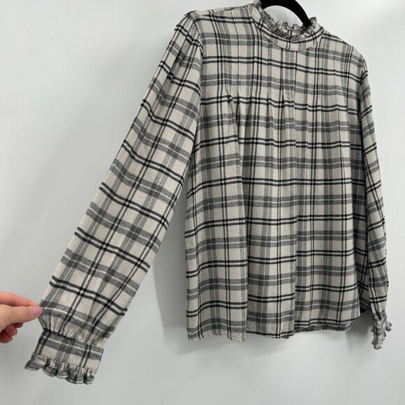 RAILS Black Ivory Plaid Ruffle Sleeve High Neck Pleated Flannel Blouse Small - Picture 5 of 8